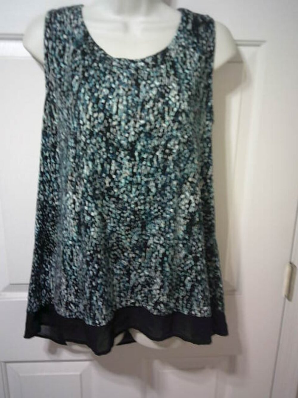 CUTE FADED GLORY SZ LG 12-14 SLEEVELESS BLOUSE TOP SHEER BOTTOM BLK TRIM NICE 👩